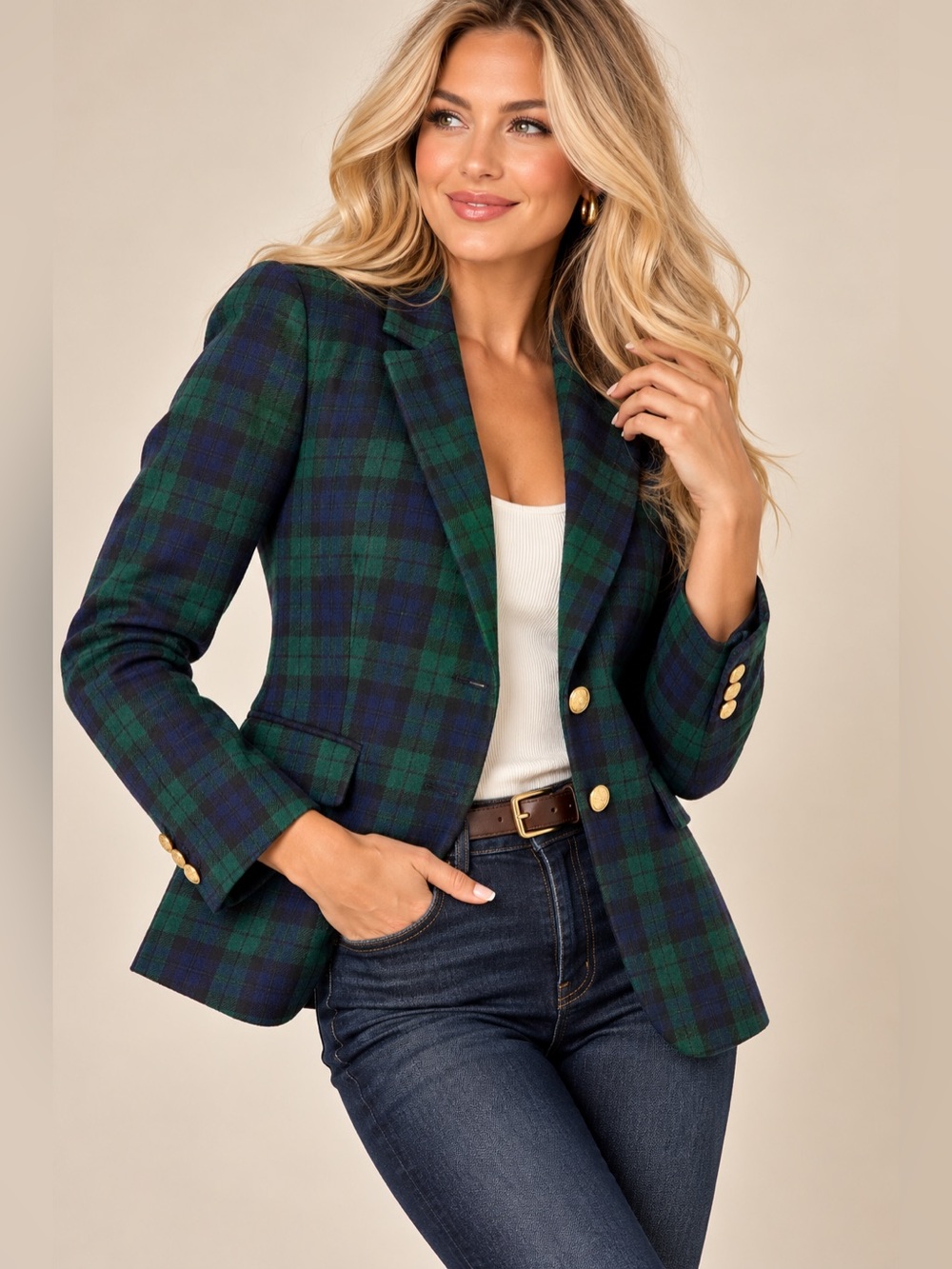 J.Crew Schoolboy Blazer Size 6 Black Watch Tartan Plaid Wool Blend Gold Buttons